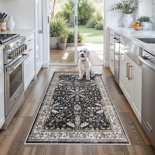 3x5 Kitchen Rug Washable Non-Skid, Boho Indoor Small Throw Area Rugs for Entryway Bedroom Living Room Floor, Soft Stain-Resistant Low-Pile Thin Doormat（Black, 3x5）