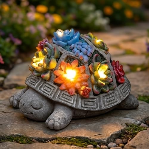 Snclriao Solar Turtle Garden Decor Outdoor Statue, 7 Succulent LED Lights