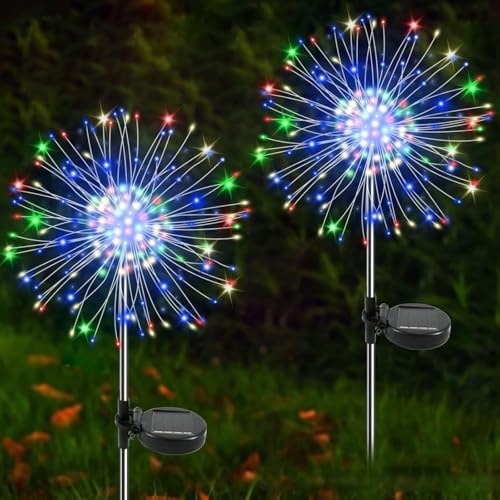YaaFen Solar Garden Lights Outdoor, 2 Pack 120 LED Twinkling Firework Lights Decorative with 2 Modes, Outdoor Waterproof Solar Starburst Light for Outside Yard Pathway Garden Decor, Multicolor