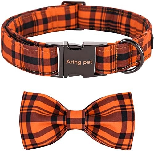 ARING PET Dog Collar, Cute Fall Dog Collar with Bow, Adjustable Halloween Orange Grid Bowtie Dog Collars Gift with Metal Buckle for Small Medium Large Dogs