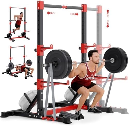 YOLEO Squat Rack with Adjustable Pull-Up Bar & Extended Safety Arms, Multi-Functional Power Racks Squat Stand for Home Gym, Garage & Basement, 35"-67" Width, Fixed 83” Frame Height, Pull-Up Bar Height 71.5"-80.5", Fits 6FT & 7FT Barbells