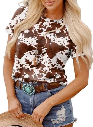 SHEWIN Womens Summer Tops Short Sleeve T-Shirts Western Graphic Cute Casual Printed Loose Crew Neck Cowgirl Tees Blouses 2026 Fashion Spring Clothes Size L, Brown