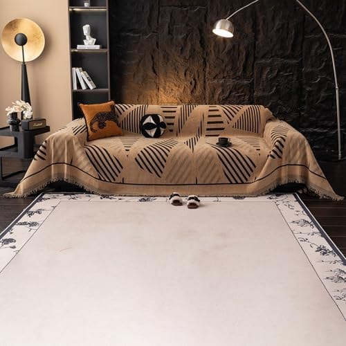 VClife Couch Cover Boho Style Sofa Cover for Dog, Modern Chenille Couch Cover for 3 Cushion Couch Sofa, Non Slip Brown Geometry Couch Protector with Tassel Sofa Slipcover Throw, 71"X134"
