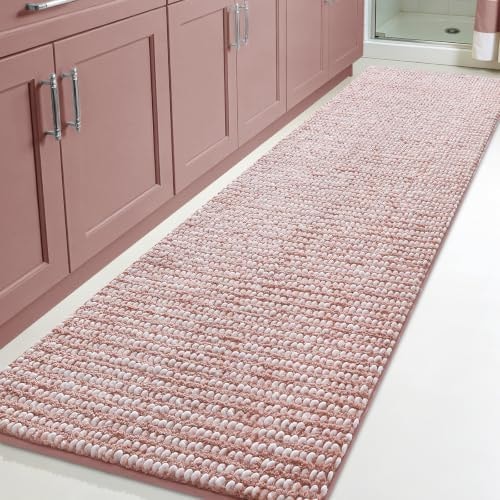 ACCUMTEK Luxury Chenille Bathroom Rugs Non Slip 60" x24", Extra Soft Absorbent Striped Bath Mats for Bathroom, Machine Washable Quick Dry Shower Floor Rug, Home Decor Accessories, Dusty Rose & White