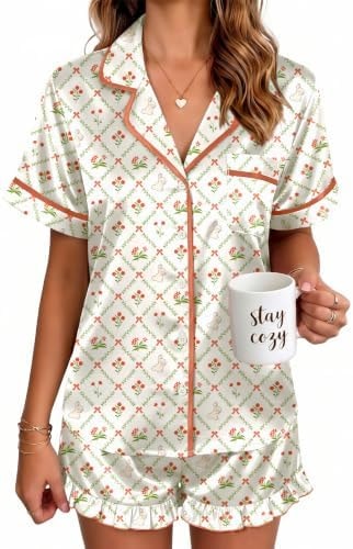 Ekouaer Womens Satin Pajama Sets Silky Button Up Pjs Ruffle Lounge Sets