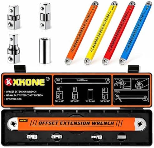XKONE Offset Extension Wrench,0° Swing Extender for Tight Space Fasteners