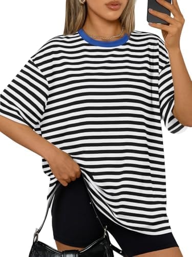 Trendy Queen Womens Oversized Striped Fashion Shirts SEBlackWhite 2XS