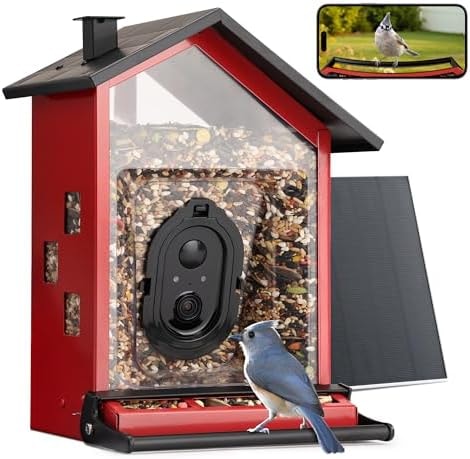 TT Nature Smart Bird Feeder with Camera, Heavy-Duty Chew-Proof Metal Casing, Solar Powered, AI Identify Bird Species & Instant Notifications, 3.2L Large Capacity Bird Watching Gift, Red
