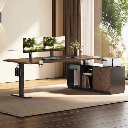 FLEXISPOT 63" L Shaped Standing Desk with Drawers, Black Walnut