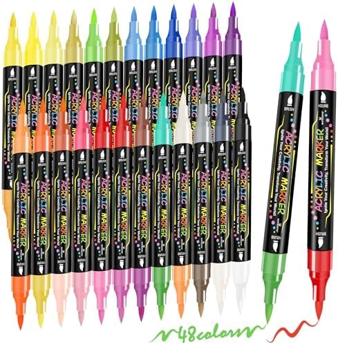 WINSONS 48 Colors Dual Tip Acrylic Paint Pens Markers, 24 Set Permanent Acrylic Paint Pens, Waterproof, Quick-Dry, Ideal for Rock Painting, Canvas, Glass, Wood, Ceramic, DIY Crafts & Art Supplies