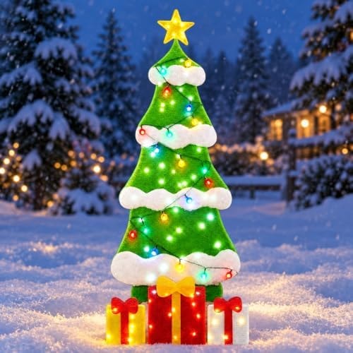 3FT 2D Outdoor Lighted Christmas Tree with 3 Lighted Gift Boxes for Yard