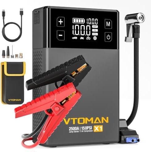 VTOMAN X1 2500A Jump Starter,150PSI Air Compressor for 8.5L Gas/6L Diesel