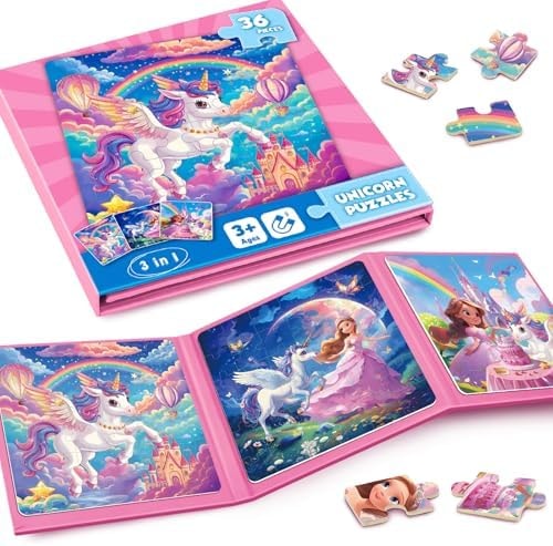 Homicozy Magnetic Jigsaw Puzzles for Kids 3-8, Unicorn Princess Travel Toy