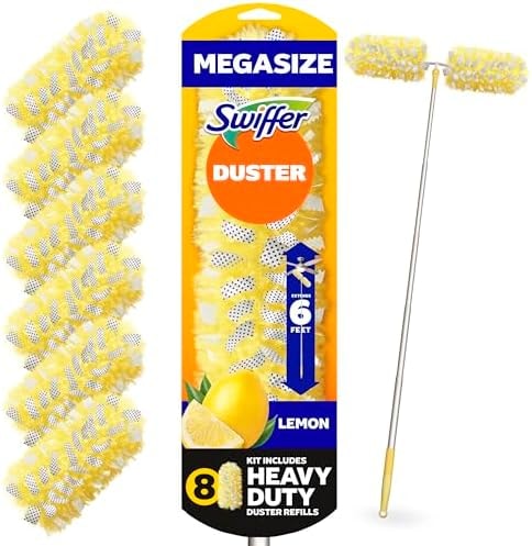 Swiffer Duster Kit with 6 ft Super Extendable Handle, Heavy Duty Starter Kit with 8 Refills, Lemon Scent