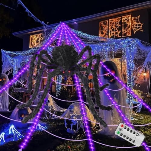 Brighter Spider Webs Halloween Decorations Lights,250 Purple LED Light Up,16.4Ft 8 Modes Giant Spiderweb with Remote Control,48'' Giant Spider,Waterproof & Timer,Halloween Decor for Outdoor
