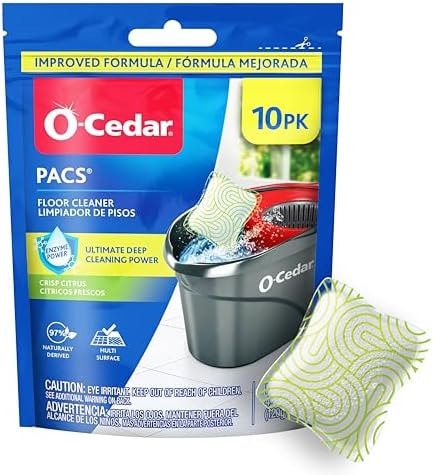 O-Cedar PACS Floor Cleaner, Crisp Citrus Scent – 10 Count | Enzyme-Powered Pods for Streak-Free Cleaning on Wood, Tile & Laminate Floors