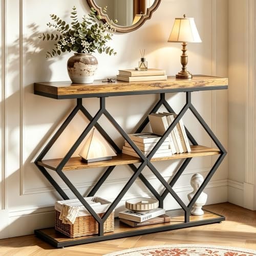 Garvee 3 Tier Console Table,39" Industrial Entryway Table,Open Wood Shelves