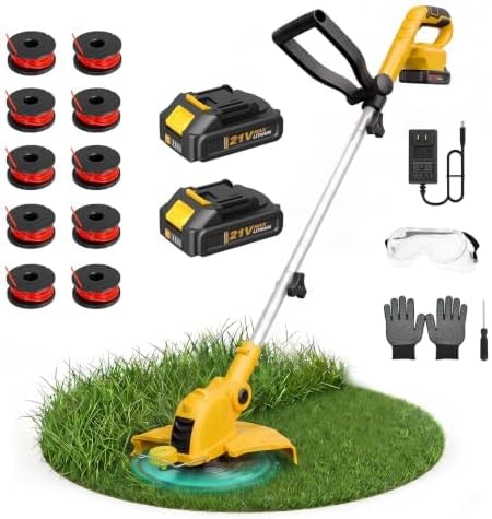 ALSO GO 21V Cordless Weed Wacker,12 Inch String Trimmer with Auto Line Feed, Battery Powered Weed Eater with 2 x 2.0Ah Batteries &10 Spare Spools, 2-in-1 Weed Whacker& Edger Lawn Tool for Yard, Garden