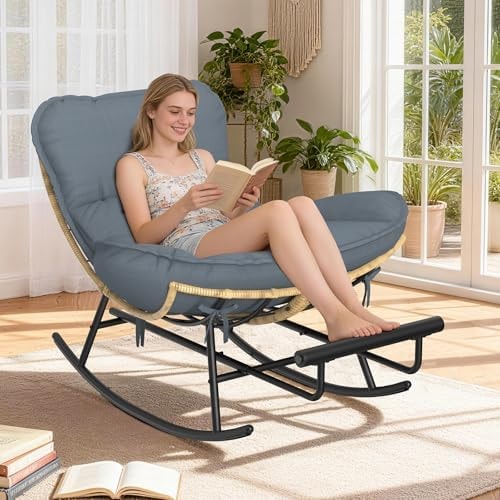 ZENPETIO Papasan Rocking Chair - Oversized Rocking Chair with Footrest, Outdoor Papasan Chairs with Thicker Cushion, All-Weather Wicker Rattan Cozy Rocker for Indoor, Balcony, Porch, Garden