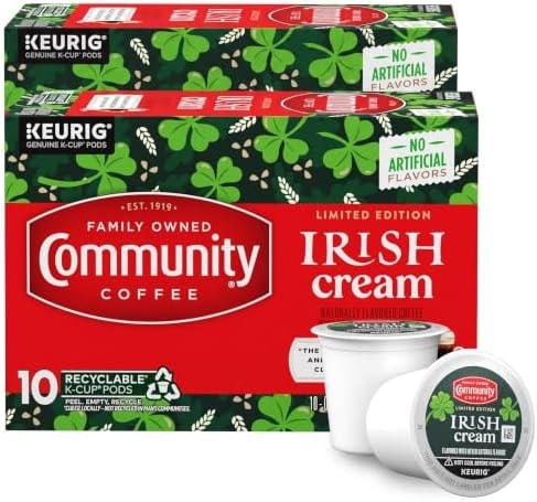 Community Coffee Irish Cream Flavored Coffee Pods, 10 count, Medium Roast Compatible with Keurig 2.0 K-Cup Brewers, 10 Count (Pack of 2)