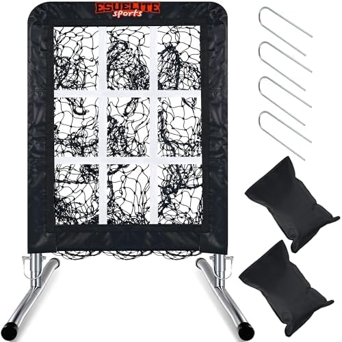 Heavy-Duty 9 Hole Baseball & Softball Pitching Net with Strike Zone Target - Adjustable Portable Design for Training, Includes 4 Stakes & 2 Sandbags（Black）