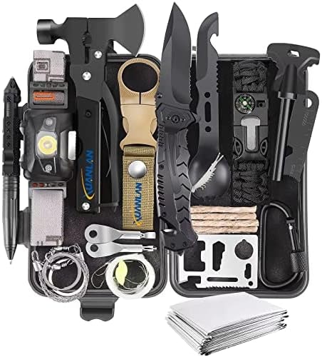 XUANLAN Emergency Survival Kit, Outdoor Survival Gear Tool with Survival Bracelet, Fire Starter, Whistle, Wood Cutter, Water Bottle Clip, Pen (29 in 1)