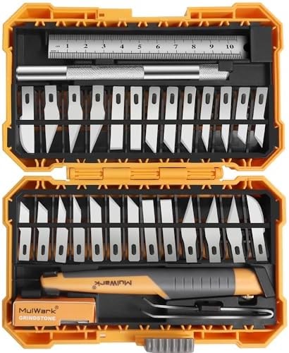 MulWark 32-Piece Precision Hobby Knife Set - Exacto Knife Set For Modeling - Craft Knife Handle Customized With Chiseling, Stencil Edge And Fine Point Blades With Sharpening Stone And Steel Ruler