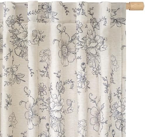 LAMIT Vintage Floral Linen Curtains 84 Inch, Light Filtering Farmhouse Flower Patterned Drapes Back Tab and Rod Pocket Semi Sheer Spring Panels for Living Room, 2 Panels, 52 x 84 Inch, Black
