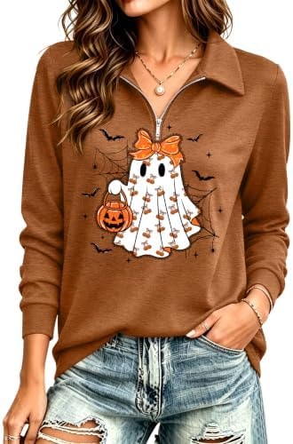 Halloween Ghost Shirts for Women: Spooky Season Tees Fall Long Sleeve Tops