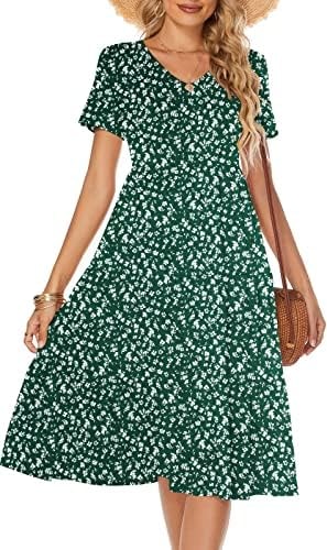 Berydress Casual Dresses for Women Tiered Midi Dress Short Sleeve V-Neck Cotton Summer Floral Dress (M, 6175-Green Floral)
