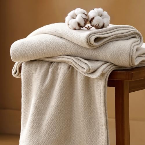 Bedsure 100% Cotton Blanket, Herringbone Weave, Throw XL, Linen Beige
