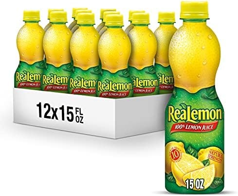 ReaLemon 100% Lemon Juice, 15 fl oz bottle (Pack of 12), Made with Lemon Juice from Concentrate, Gluten-Free, Sodium Free, Perfect Mixer to add to Cocktails and Marinades