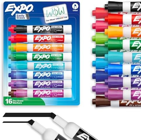 EXPO Dry Erase Markers, Low Odor Ink, Assorted Colors, Chisel Tip, 16 Count - Whiteboard, Calendar, Organization, Back to School, Teacher Supplies