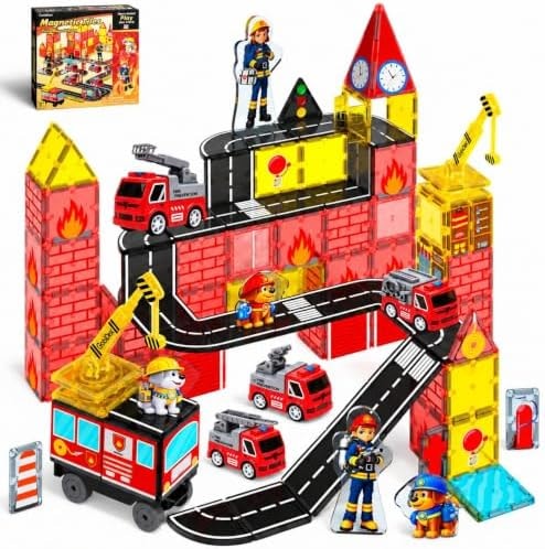 Magnetic Tiles Fire Truck Set with 5 Cars & 5 Figures for Kids Ages 4-8