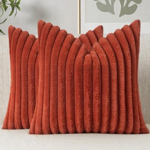 MIULEE Fall Faux Fur Decorative Throw Pillow Covers 18x18 Set of 2 Rust