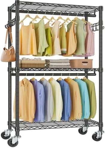 VIPEK R2 Clothes Rack Heavy Duty Clothing Rack for Hanging Clothes, Rolling Garment Rack Adjustable Closet Racks with Double Rods & Hooks, Freestanding Wardrobe Closet Coat Storage Racks, Black