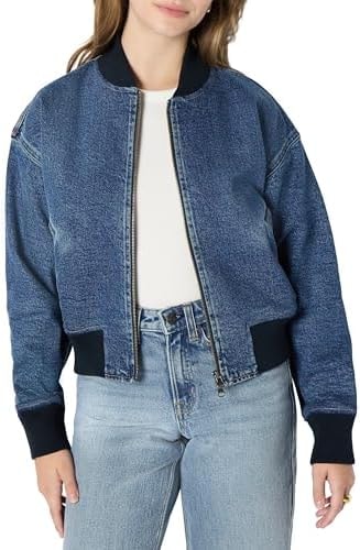 Amazon Essentials Women's Relaxed-Fit Denim Bomber Jacket, Medium Blue Vintage, Small