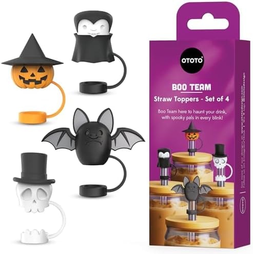 OTOTO Boo Team Straw Toppers Set of 4 - Straw Covers Cap for Tumblers, Covers, Caps for Tumbler Accessories, Cute Water Bottle Accessories, Goth Halloween Spooky Witchy Gifts, Witch