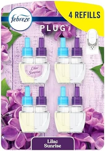 Febreze Plug In Air Freshener, Odor-Fighting Scented Oil Refill, Air Fresheners for Home and Bathroom and Kitchen, Long Lasting for Strong Odors, Lilac Sunrise Scent, 0.87oz Refills, 4 Count