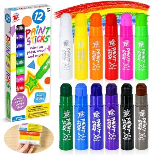 TBC The Best Crafts Paint Sticks for Kids Ages 2-8, 12 Classic Colors, Washable, Non-toxic, Tempera Paint Sticks for Crafts, Art Supplies, and Birthday Gifts