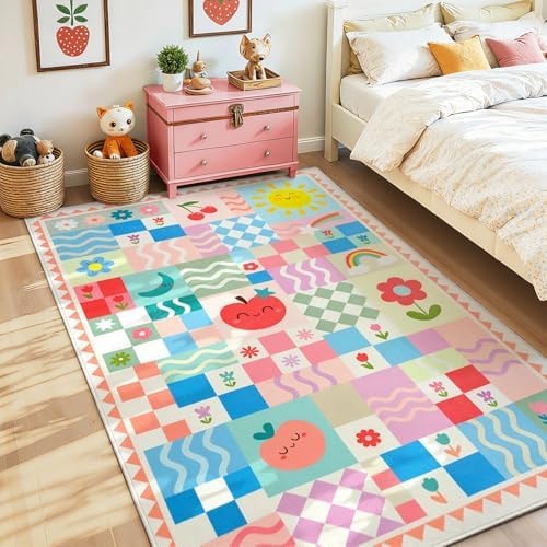 Washable Pink Kids Rug for Bedroom Girls, 3x5 Cute Playroom Classroom Rug