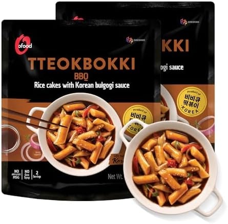 Premium Korean Tteokbokki Korean Rice Cakes – [BBQ | Pack of 2] – Healthy/Savory/Bold/Fiery, 0 Cholesterol/ 0 Trans Fat/No MSG/No Corn Syrup, Spicy Street Snack, Ready in Minutes - O'food