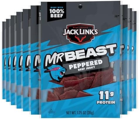 Jack Link’s x MrBeast Beef Jerky, Peppered Beef Jerky, As Seen on Beast Games, 11g Protein, Made with 100% Real Beef, Pantry-Ready Snacks, 10 Count