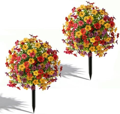 2 Set Artificial Violet Topiary Trees Ourdoor，UV Resistant Fake Plants with Spike ，Fake Flowers Balls Faux Shrubs Bushes for Indoor Front Porch Garden Patio (PRY-Mix)