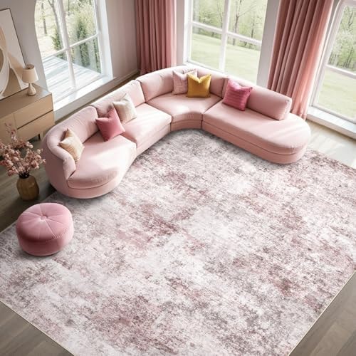 UERMEI 5x7 Washable Area Rug - Neutral Modern Abstract Living Room Rugs, Non-Slip Soft Large Indoor Floor Carpet for Bedroom Home Office & Under Dining Table Decor, Pink Grey