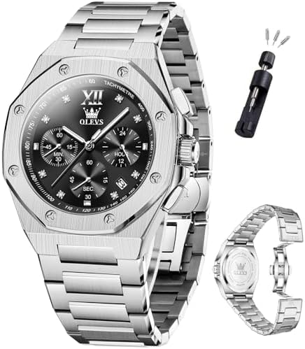 OLEVS Watch for Men Luxury Silver Stainless Steel Dress Black Large Face Wrist Waterproof Quartz Analog Watches for Men Octagonal Dial Luminous Mens Watch Relojes para Hombres