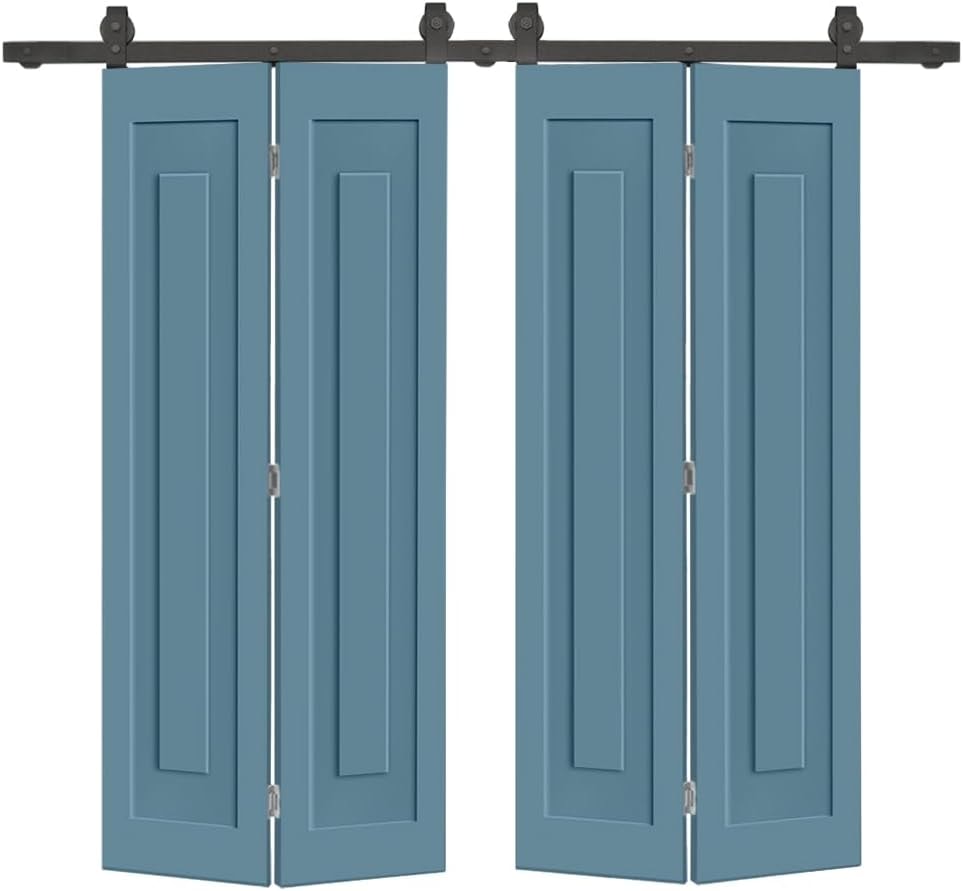 68 in. x 84 in. 1 Panel Shaker Hollow Core Dignity Blue Composite Double Bi-Fold Door with Barn Door Hardware Kit