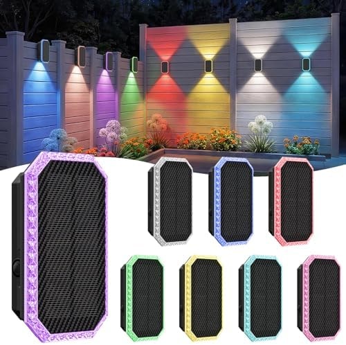 TECKNET Solar Fence Lights Outdoor, 8 Pack Solar Powered Wall Lights, Bi-Directional Up and Down Lighting, IP67 Waterproof RGBW with 8 Colors & Dynamic Cycling for Patio, Porch, Pool Cage