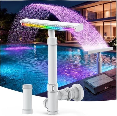 JEMULICE Solar Pool Fountain with Lights for Above Ground Pools, Pool Fountain Waterfall Pump with 6 Nozzle, Solar Pool Fountain for Inground Pools with 8 Color LED Lights