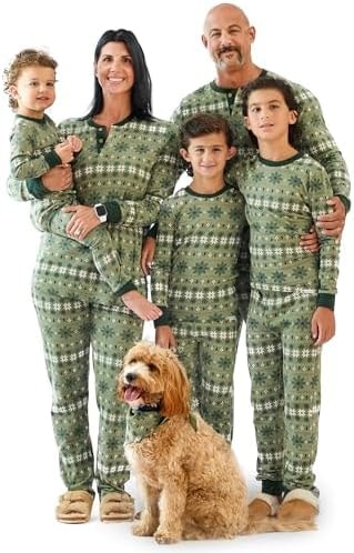 Butterblu Matching Family Jammies Holiday Pajamas Organic Cotton PJs Adults, Kids, Toddlers, Baby, Pets, Nordic Fair Isle Green, XX-Small